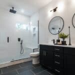 Matte black ceiling shower in a bathroom